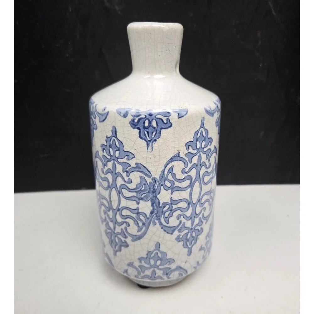 Blue and White Terracotta Vase Distressed Finish Floral Scroll Shabby Chic 7.5" - Picture 4 of 9